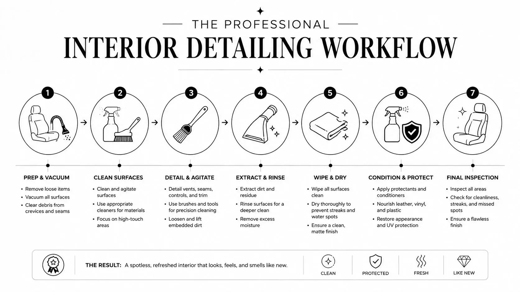 Interior Detailing: The Complete Guide for Whitby Drivers 2 An infographic showing a seven-step professional car interior detailing workflow from preparation to final inspection.