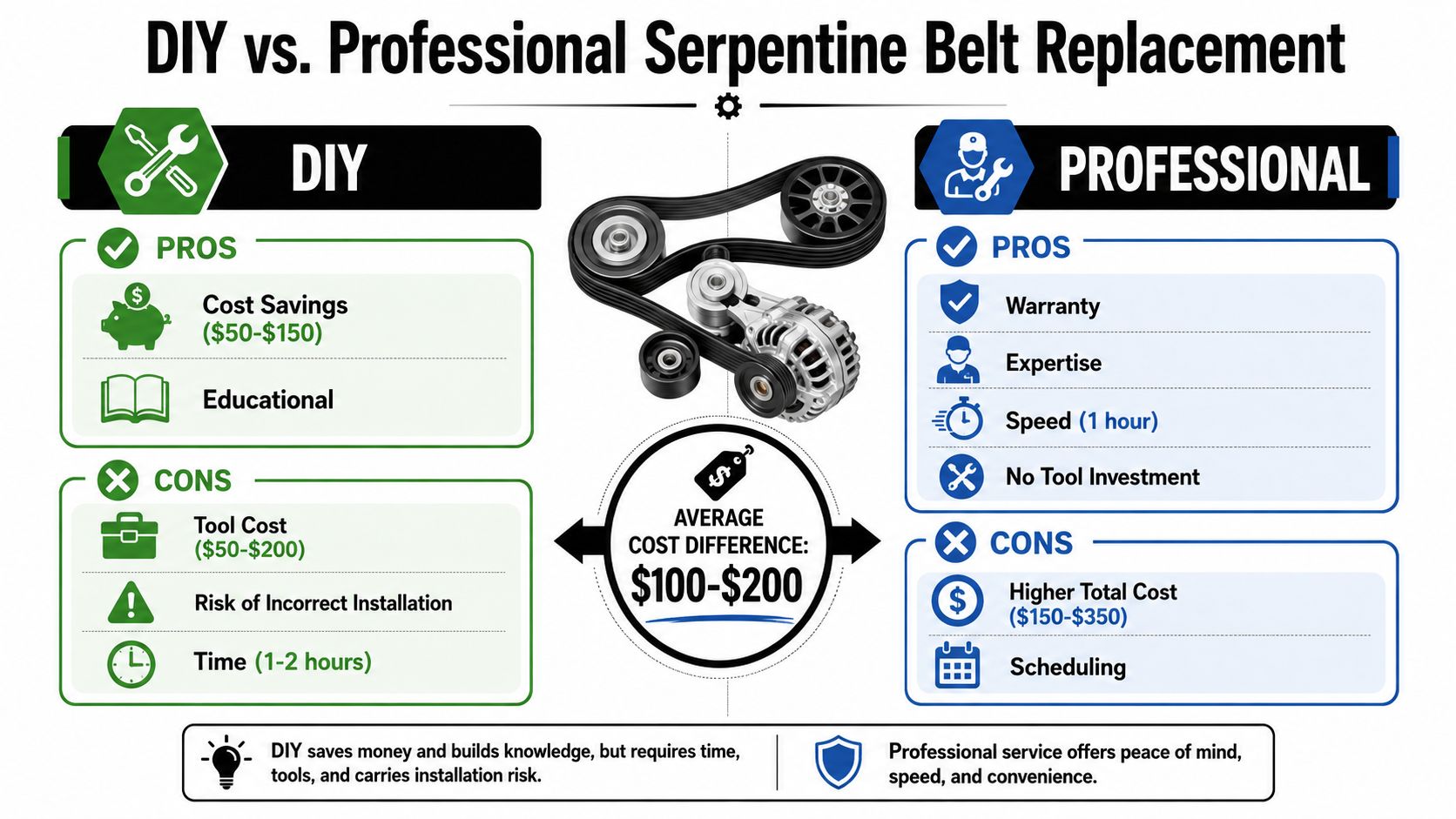 A comparison infographic showing the pros and cons of DIY versus professional serpentine belt replacement for vehicles.