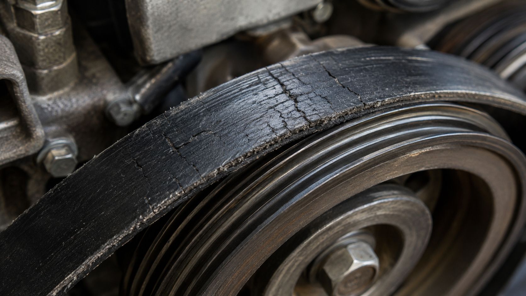 A close-up view of a worn and cracked black automotive serpentine belt on an engine pulley.