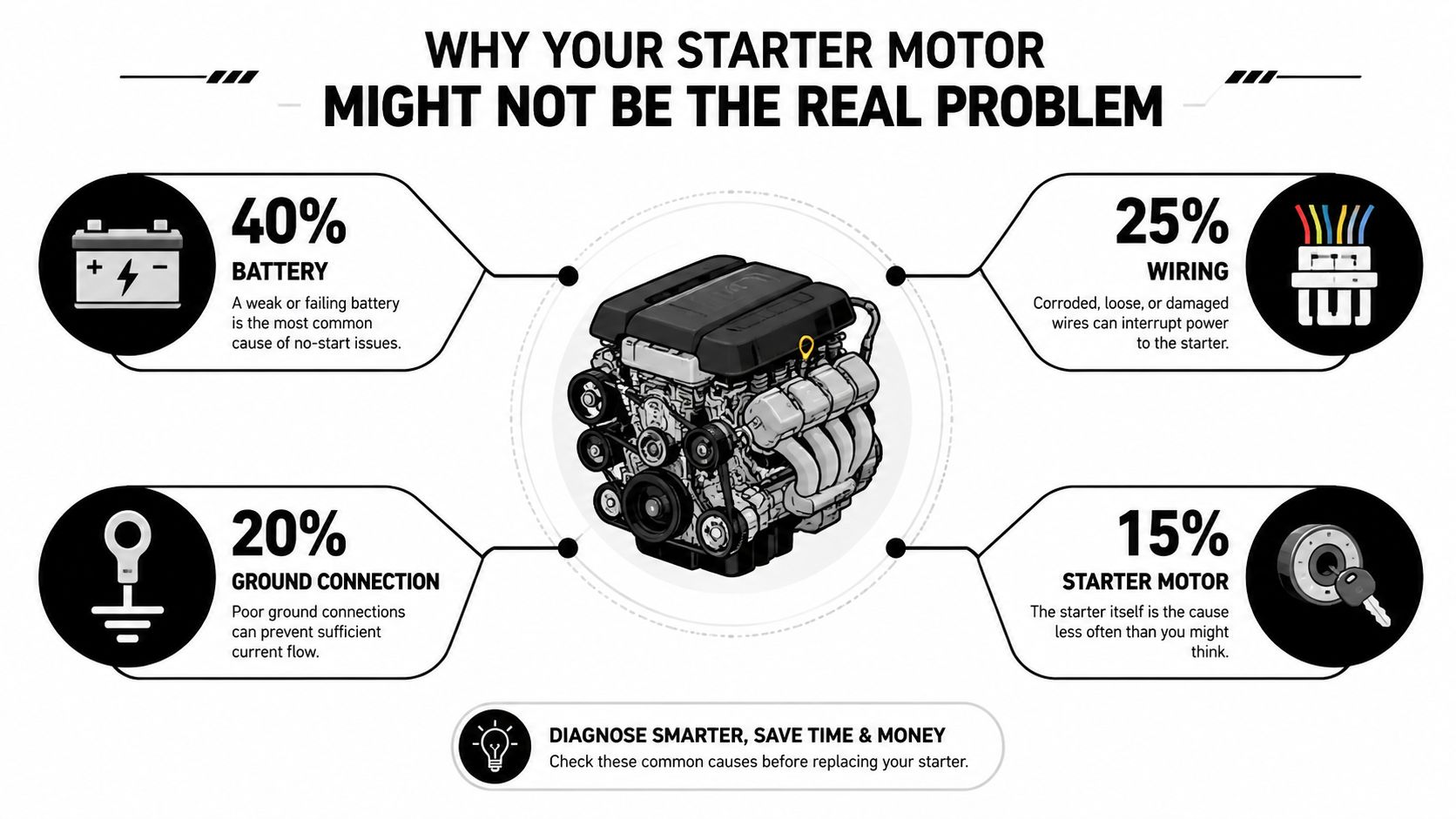 Starter Motor Issues: Symptoms, Causes, and Fixes 1 An infographic showing common causes of vehicle no-start issues, including battery, wiring, and ground connections.