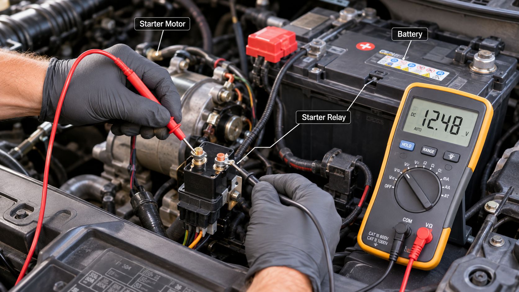 Starter Motor Issues: Symptoms, Causes, and Fixes 2 A technician using a digital multimeter to test a car starter relay in an engine bay.