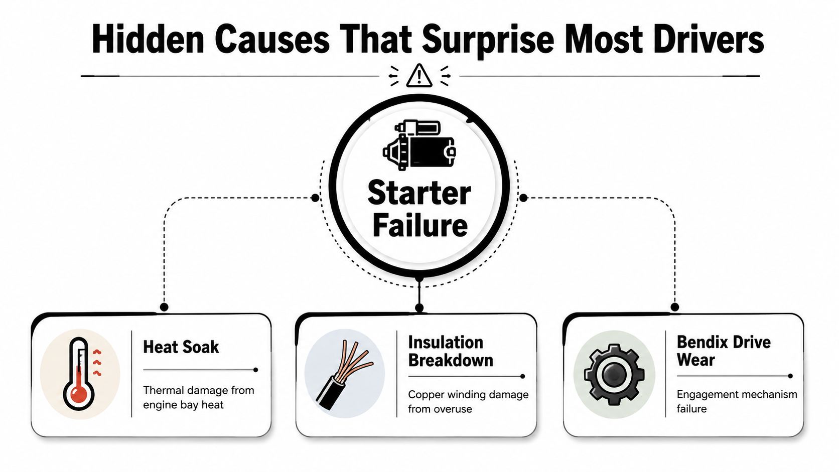 Starter Motor Issues: Symptoms, Causes, and Fixes 3 A diagram outlining common causes of starter motor failure including heat soak, insulation breakdown, and Bendix drive wear.