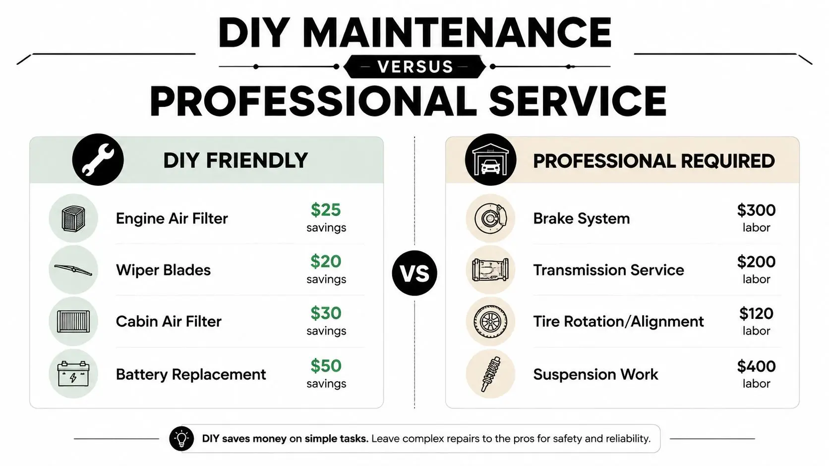 SUV Maintenance Cost Comparison: Whitby Drivers' Guide 4 An infographic comparing money-saving DIY car maintenance tasks against professional services that require skilled labor.