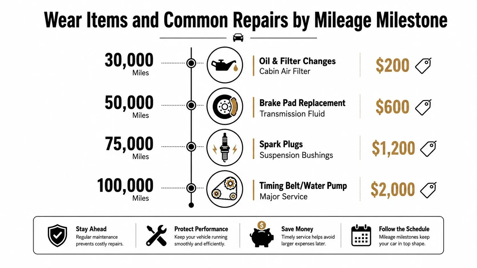 SUV Maintenance Cost Comparison: Whitby Drivers' Guide 3 A car maintenance schedule infographic showing estimated repair costs at 30,000, 50,000, 75,000, and 100,000 mileage milestones.