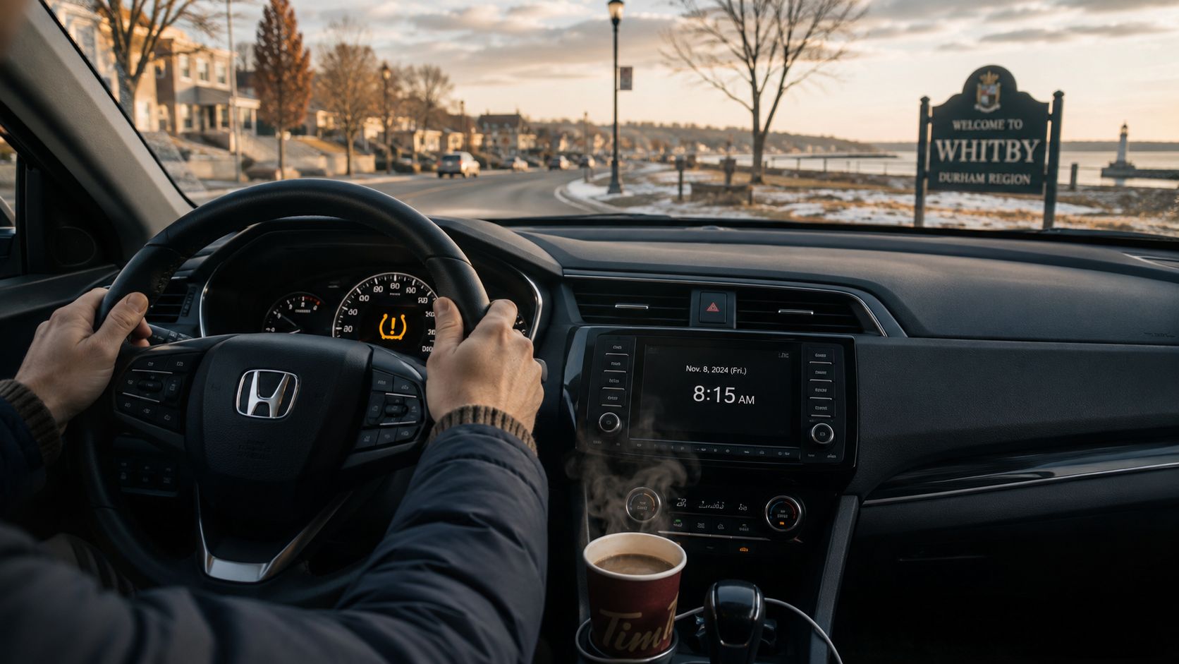 A person driving a Honda car with a tire pressure warning light illuminated on the dashboard display.