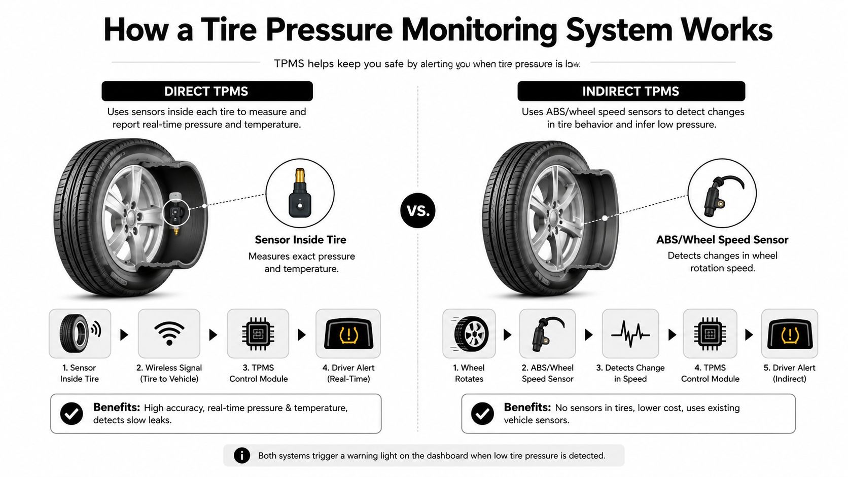 A diagram explaining how direct and indirect tire pressure monitoring systems work to keep drivers safe.