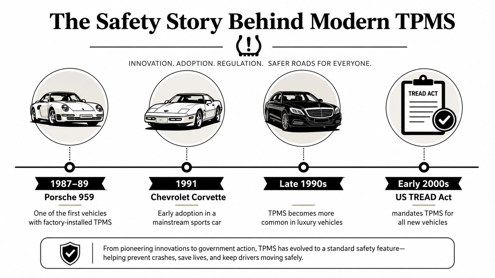 An infographic timeline illustrating the history and evolution of tire pressure monitoring systems in modern vehicles.