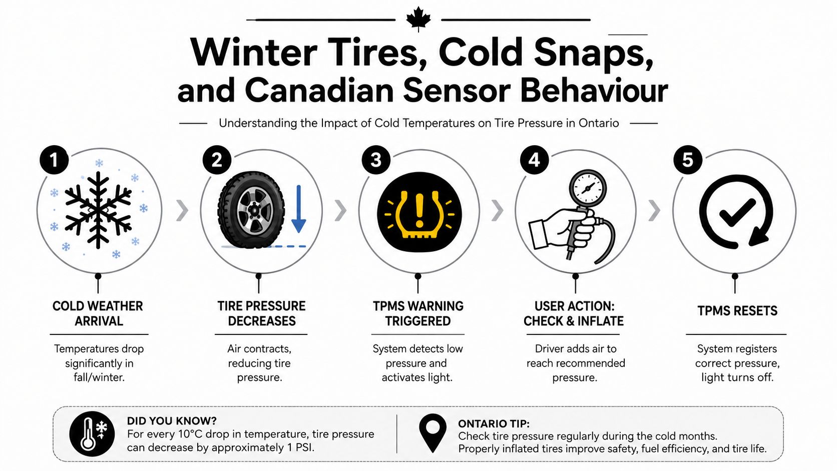 A five-step infographic showing how cold winter temperatures cause lower tire pressure and trigger dashboard warning lights.